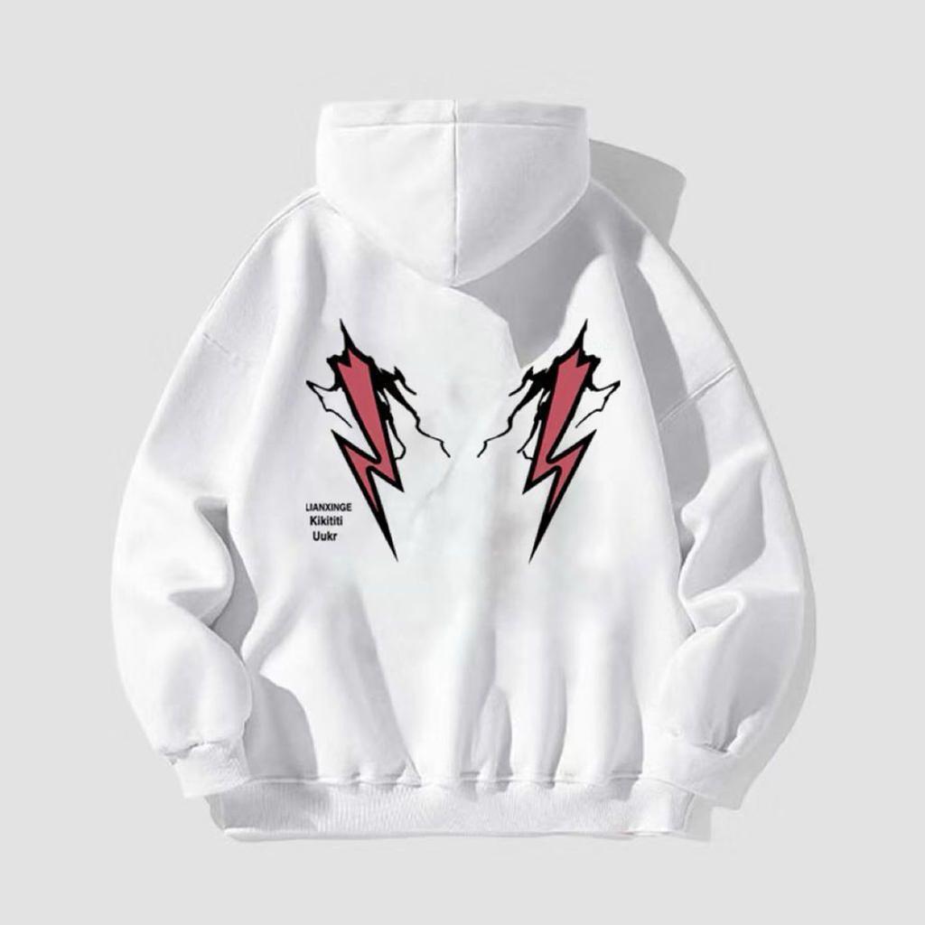 2025 Autumn New American Hiphop Lightning Printing Warm Loose Hooded Long-sleeved Shirt Men's and Women's Loose Top