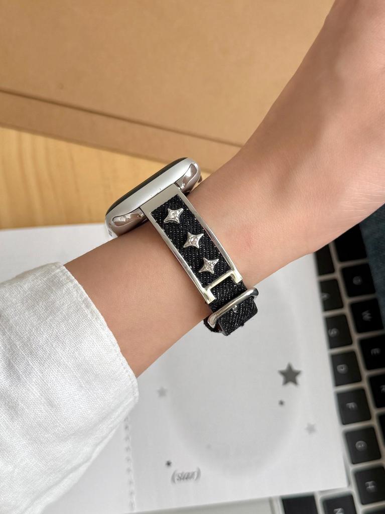 Starry Denim Leather Strap for Apple Watch 11, iWatch 109876E, Huawei GT6, and Xiaomi 9 Pro.