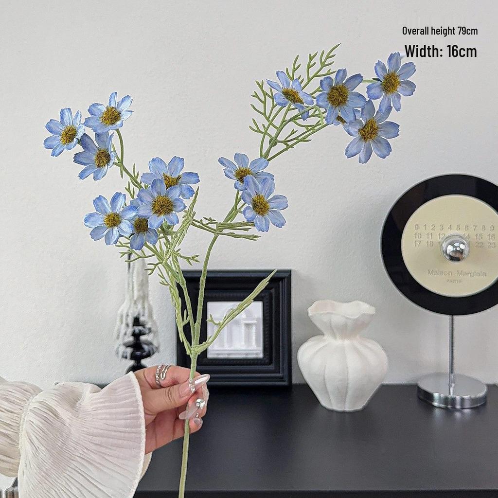 High-Grade Artificial 2-Branch Long Stem Flocked Small Daisy Bouquet for Home Dining Table Decor