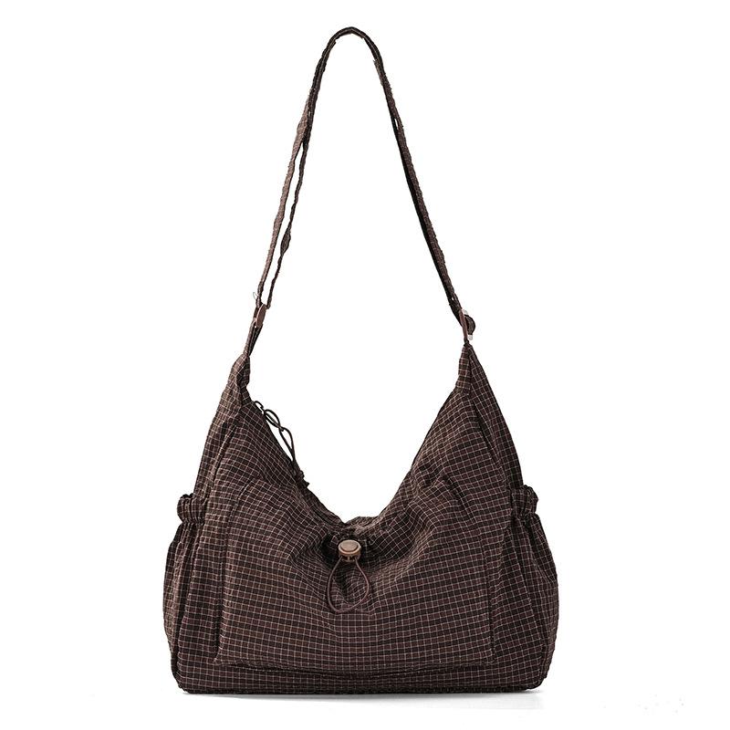 

Korean Plaid Drawstring Crossbody Bags for Women Large Capacity Ladies Shoulder Bag Simple Portable Female Hobos Handbags Tote коричневий