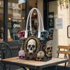 Vintage Skull Print Casual Tote Bag Dark Style Large Capacity Portable Shoulder Handbag for Daily Use