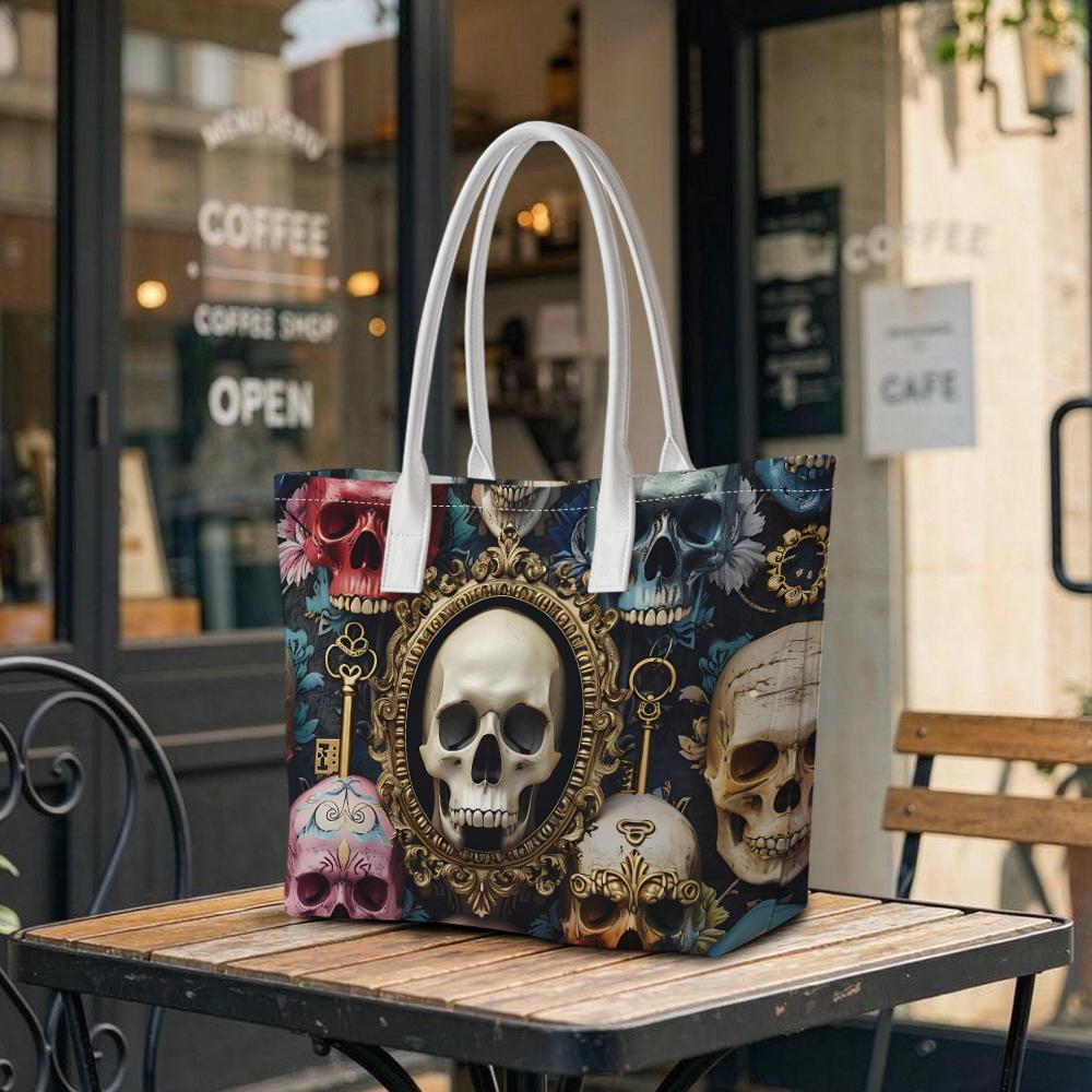 Vintage Skull Print Casual Tote Bag Dark Style Large Capacity Portable Shoulder Handbag for Daily Use