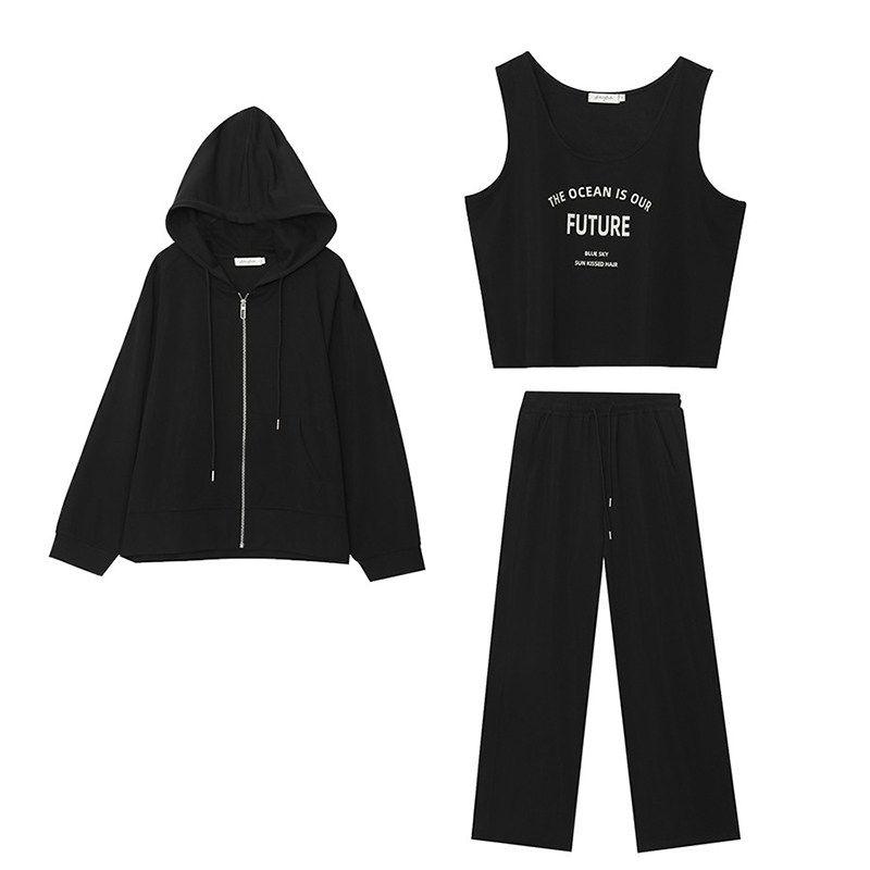 Spring Leisure Sports Suit Plus Size Women s Clothing 100.00kg Plus Size Ladies Fashionable Sweater Cardigan Vest Pants Three-Piece Set Black Suit 3XL