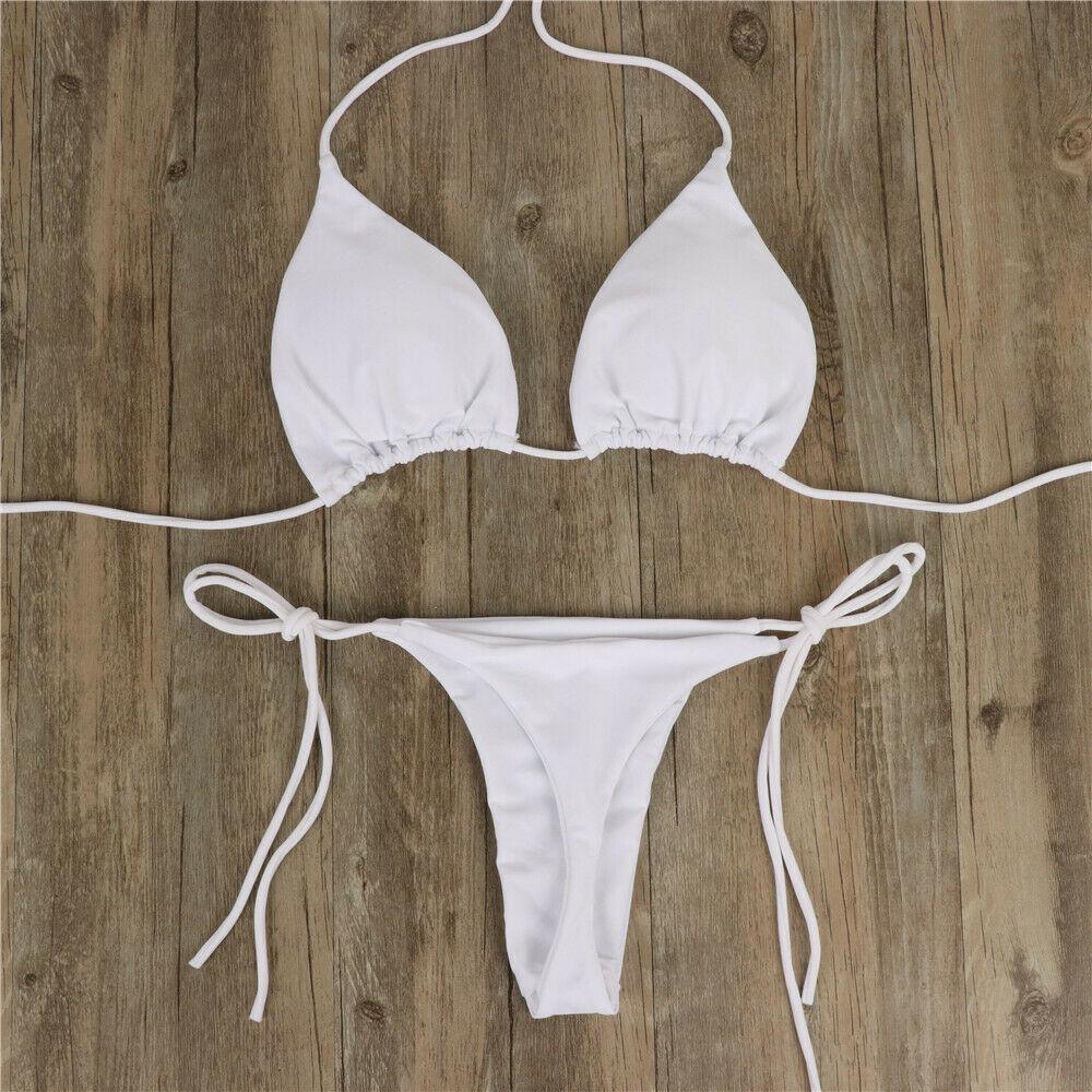 New Women Sexy Hanging Neck Thong Bikini Set Side Tie Swimsuit Bandage Style Split Strap Solid Adjustable Ladies Swimsuit Set