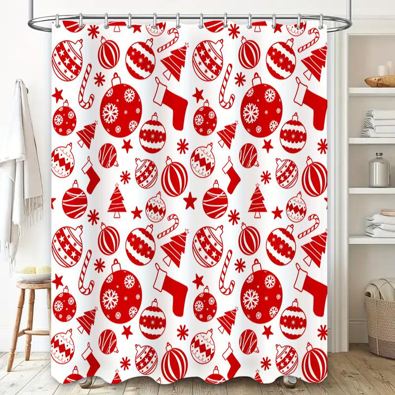 Red White Christmas Tree Candy Canes Xmas Ornaments Shower Curtain Decorative Waterproof Fabric Bathroom Linen Tassel Home Decor