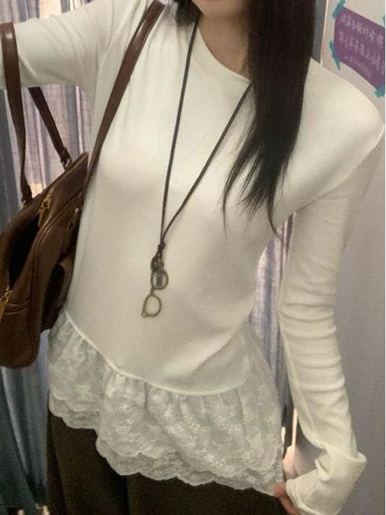 Women's Long Sleeve White Lace Trim Base Shirt - Korean Style Autumn/Winter 2025