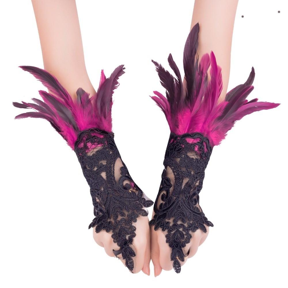 Wristband Halloween Feather Gloves Embroidery Gothic Feather Lace Glove Retro Dark Women Halloween Cuffs Carnival