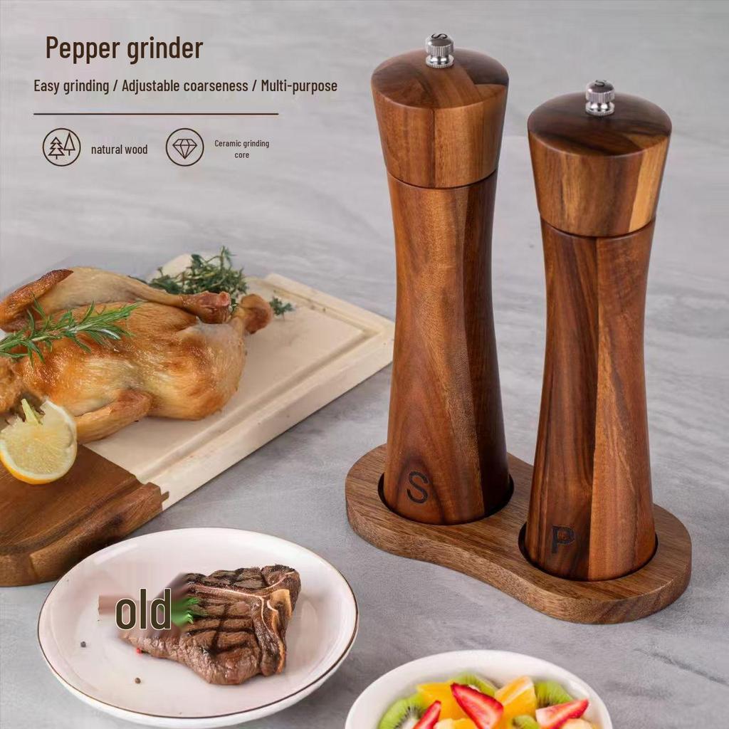 Acacia Wood Pepper and Sea Salt Grinder Set with Ceramic Core and Steel Ring