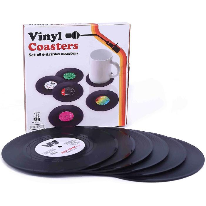 Coasters for Drinks with Gift Box - Set of 6 Colorful Retro Vinyl Record Disk Coasters with Funny Labels-Prevent Furniture from Dirty and