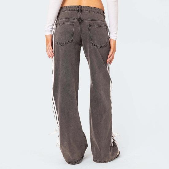 Women's Side Striped Bow Tie Jeans Boyfriend Low Rise Baggy Denim Pants Casual Straight