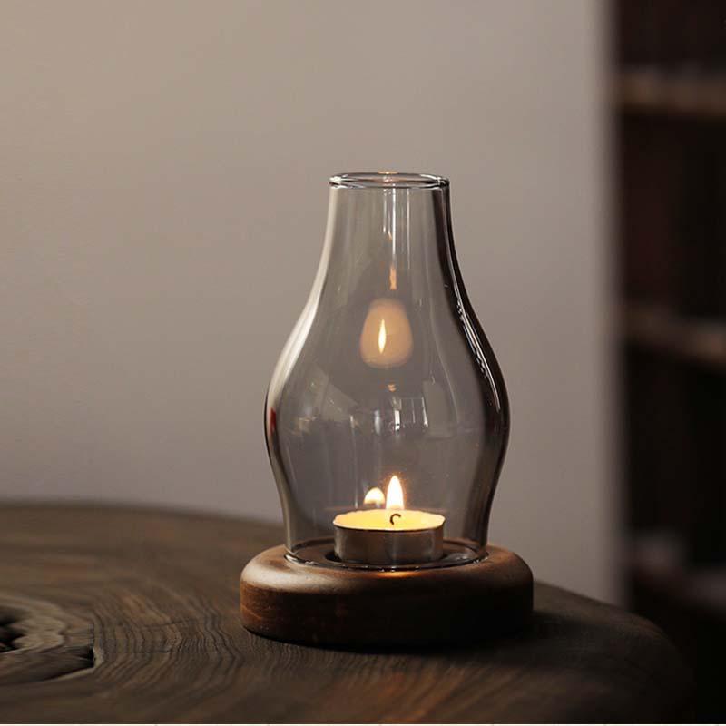 פנס קערת זכוכית עץ מלא יפני עמיד ברוח, פנס נרות וינטג' ארומטי, קישוט שולחן לאווירת זן, לחדר קפה או פינת אוכל