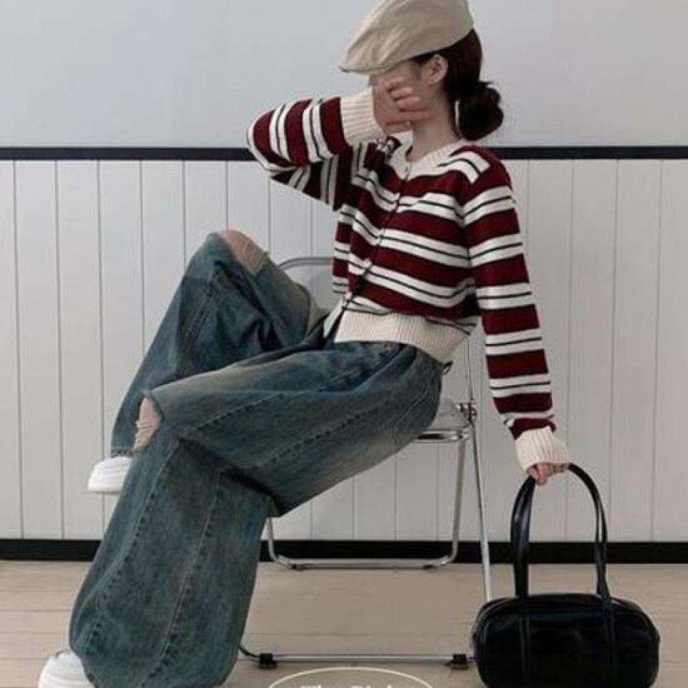The Pink Mocha Stripe Crop Knit Cardigan
