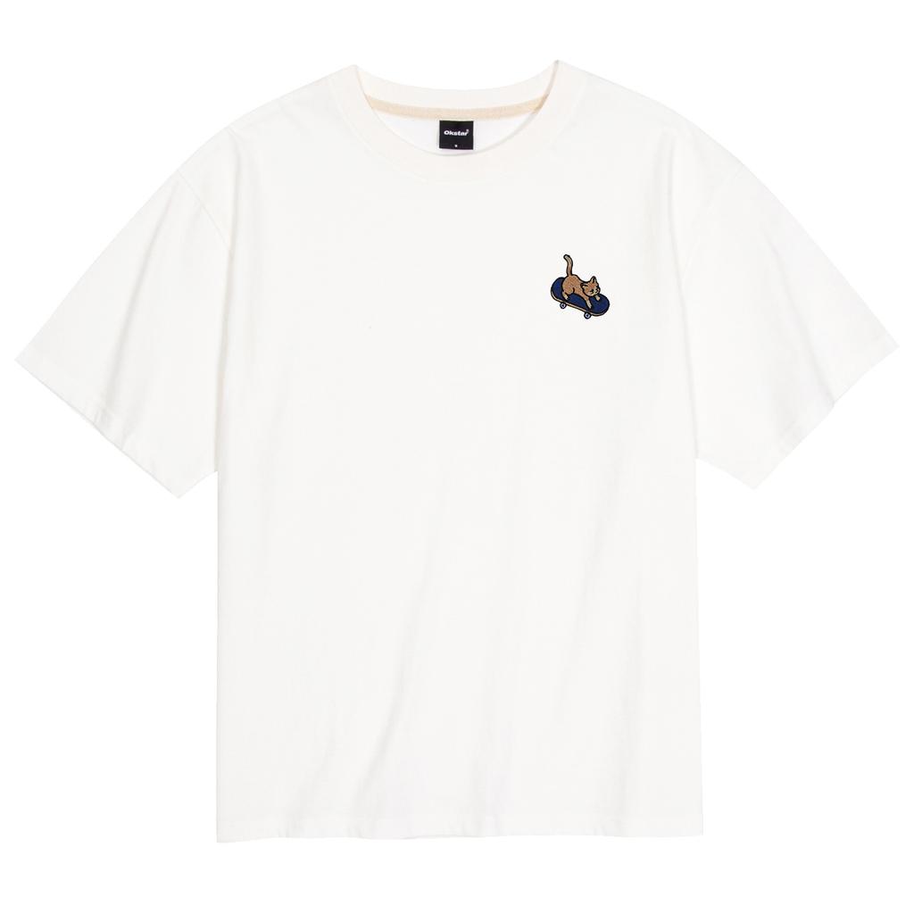 OKSTAR Cool Cotton Oversized Board Cat Embroidered Short Sleeve Tee