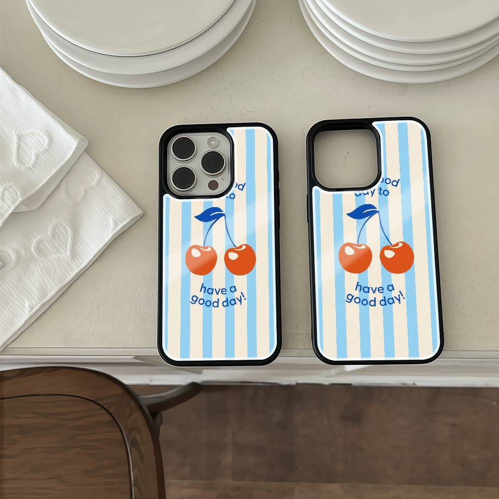 Retro Cherry Good Day Phone Case Black Hard Plastic Phone Case For Iphone 17 Air 16 15 14 13 12 11 Pro Max PC TPU Ins Case