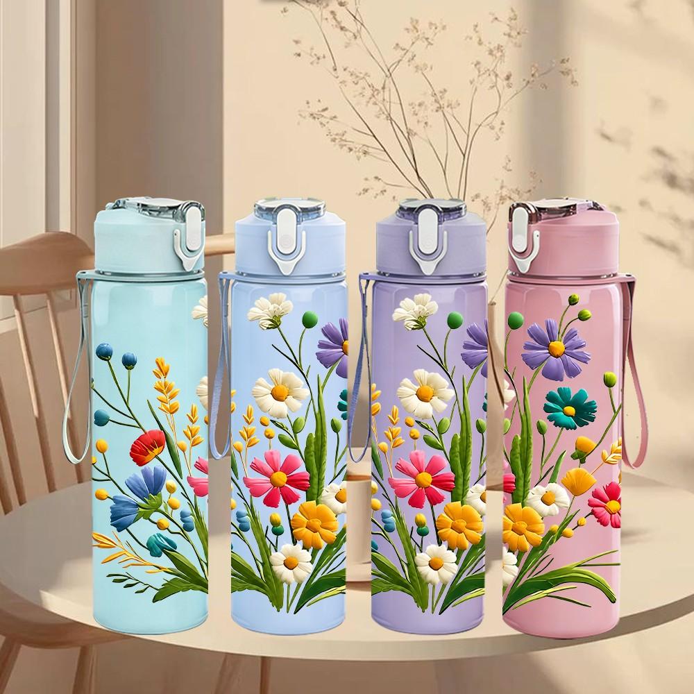 1PC Mixed Wildflower Bouquet Floral Print 750ml Color Plastic Sports Water Bottle Leakproof Flip Straw Lid Suitable for Sports Office Home Use
