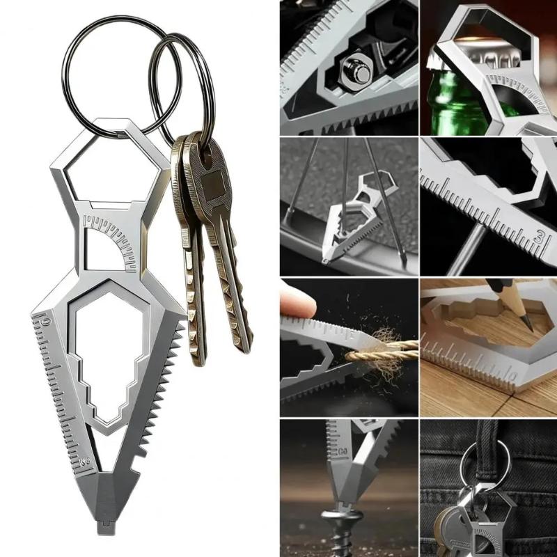 Lightweight 9-in-1 Stainless Steel Keychain Features Protractor Ruler for Easy Outdoor Access