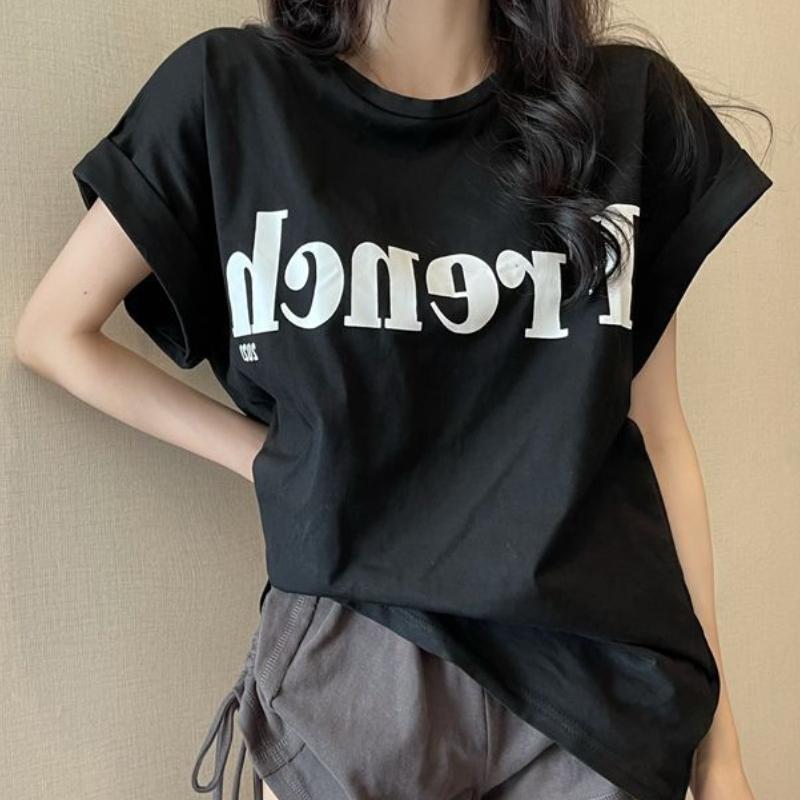 

GMXIA Тонкая футболка с приспущенными плечами, милая, крутая, с коротким рукавом, свободная, женская, летняя, студенческая XXL чёрный