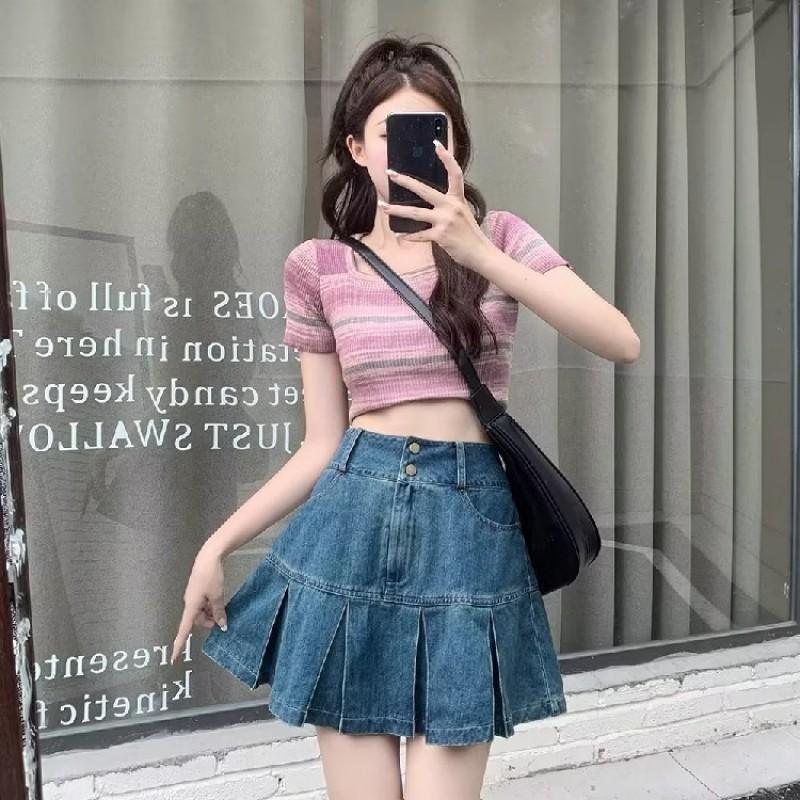High Waist Pleated Denim Skirt Women A-Line Mini Tummy Control Slimming Fit Pear Shape