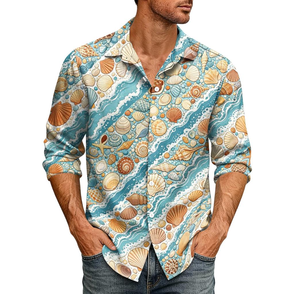 Men's Loose Fit Long Sleeve Shirt Hawaiian Style Casual Button Down Shirt with Spread Collar Suitable for Spring and Autumn