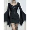 Gothique Sombre Cosplay Tenue de Soirée pour Femmes Robe à Manches Chauve-souris Élégante Moulante Plissée Robes Bodycon