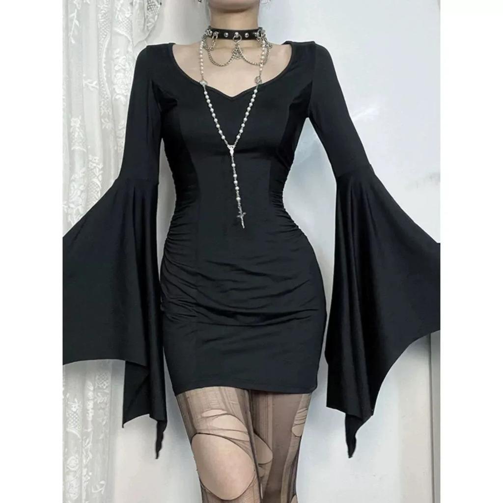 Goth Dark Cospaly Partywear Women Batwing Sleeve Dress Elegant Slim Pleat Bodycon Dresses