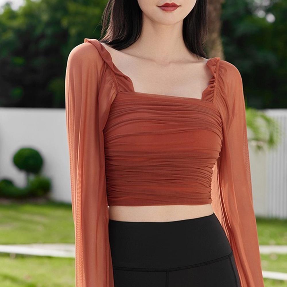 Spring Collection: Women's Long-Sleeve Mesh Yoga Suit with Chest Pads – Soft, Breathable, and Sexy Outdoor Sports Sunscreen T-Shirt