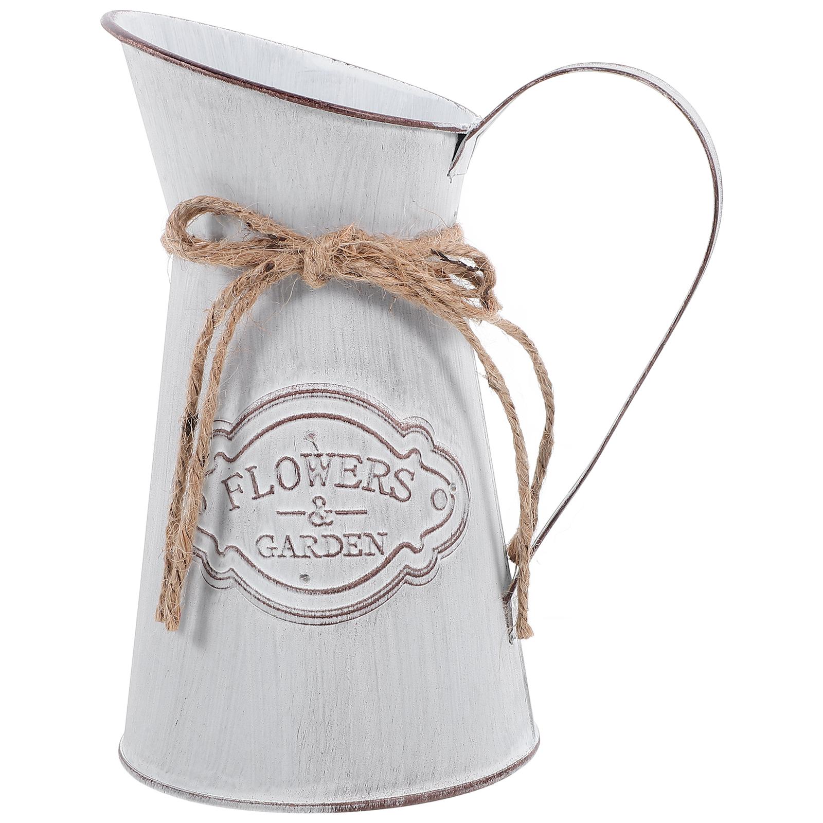 Ретро жестяной цветочный горшок Винтажный железный кашпо Оцинкованная металлическая ваза Декоративный кувшин Стиль фермерского дома Держатель для бутонов Свадебный Серый Домашний