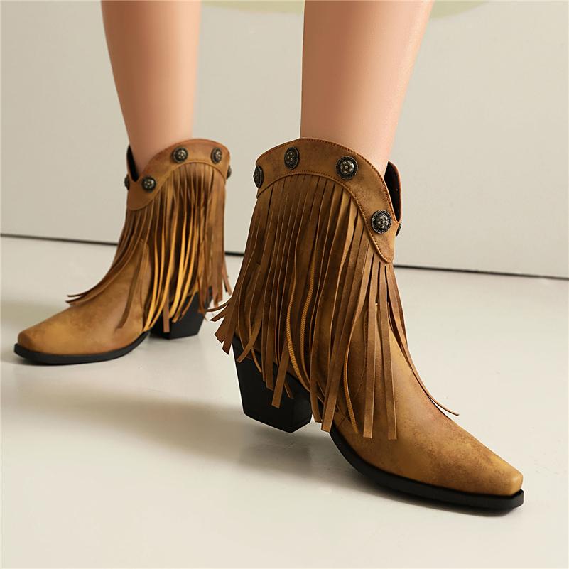 FOREADA Women Ankle Cowboy Boots Round Toe Block High Heels Western Boots Metal Decoration Tassel Cowgirl Short Boots Lady Fashion Shoes Autumn Winter