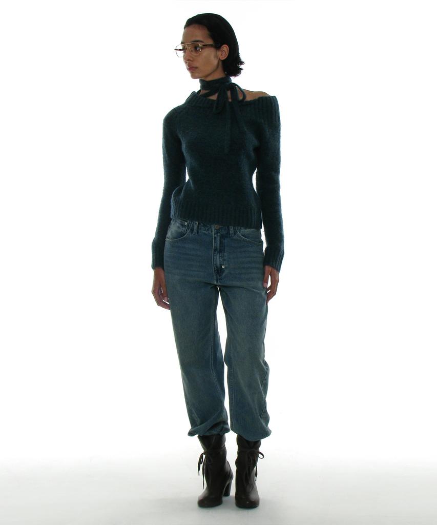 PARTIMENTO WOMEN Tie Neck Strap Asymmetrical Knit Top_Dark Teal