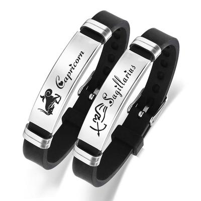 Fashion 12 Constellation Silicone Stainless Steel Bracelet Zodiac Horoscope Adjustable Couple Bracelet Birthday Gift Jewelry for Women Men