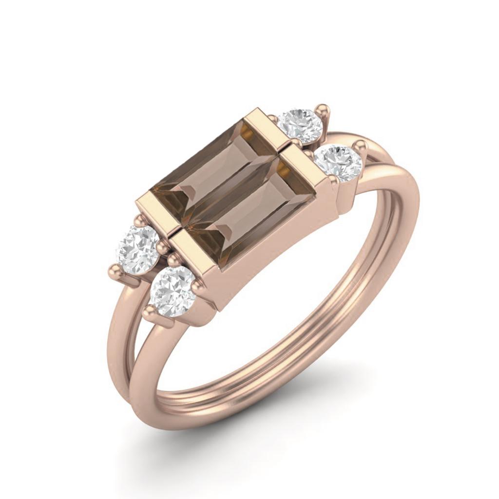 1.52 Ctw Baguette Smoky Quartz 925 Sterling Silver Rose Vermeil Dual Spilt Shank Women Wedding Ring