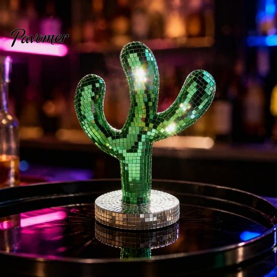 Decorative Object for Entryway Table Disco Ball Cactus Statue, Green Mirror Mosaic Decor, Retro Decor Ornament Home Christmas Party Display