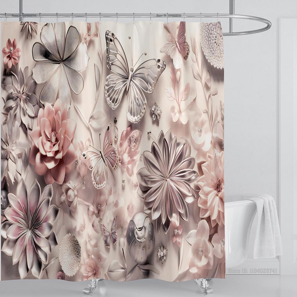 3D Stereo Beautiful Flower Printing Bathroom Curtain Waterproof Polyester Shower Curtain Home Decoration Curtain with Hooks