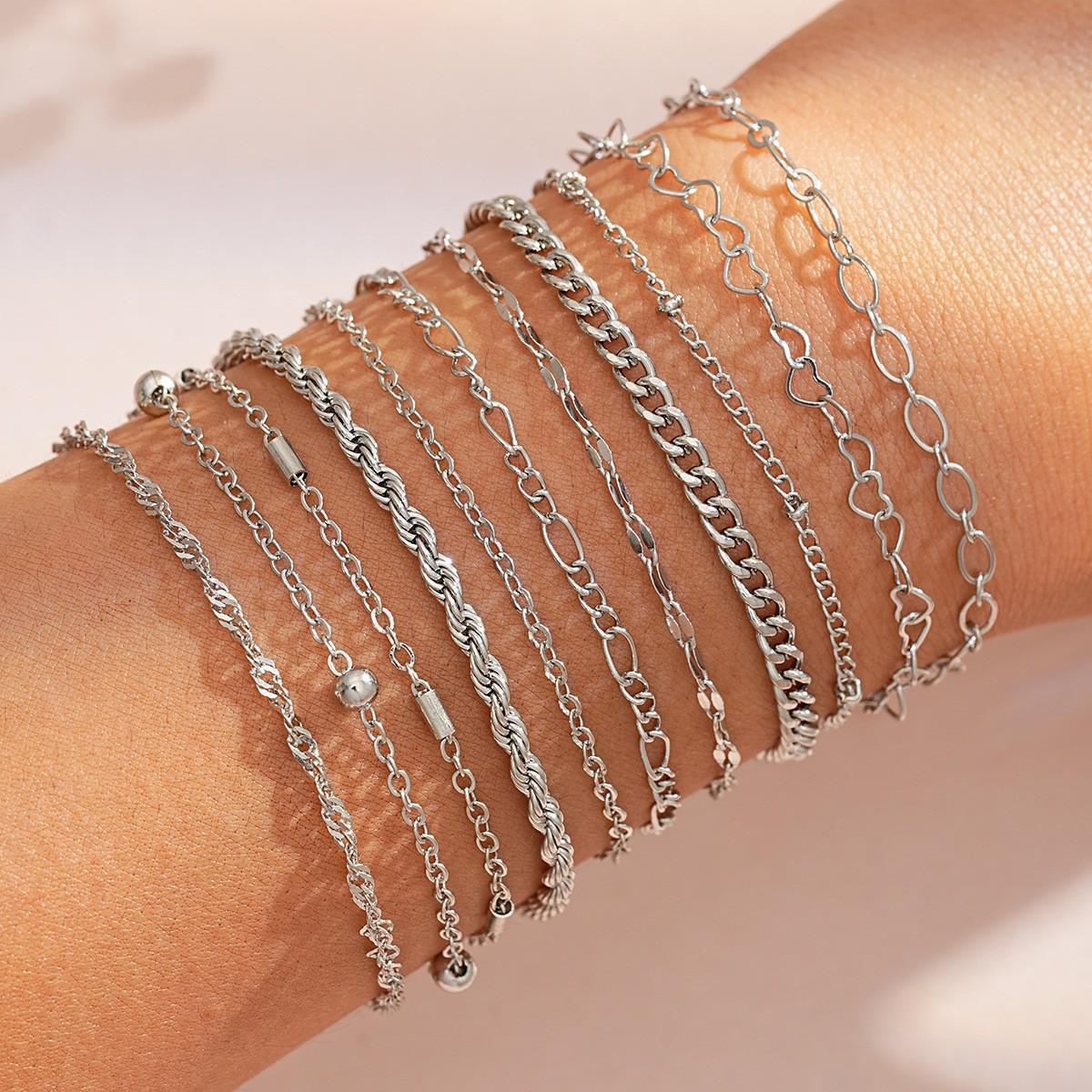 

11 Pcs/Set Chic Snake Chain Bracelet Set for Women Boho Simple Elegant Heart Geometric Chain Vacation Date Casual Jewelry Gifts