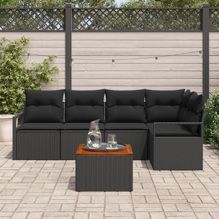 Ensemble de Canapés 6 Pièces avec Coussins Noir Rotin Acacia, Canapé 2 Places avec Rangement et Coussins Noir Rotin 3356378