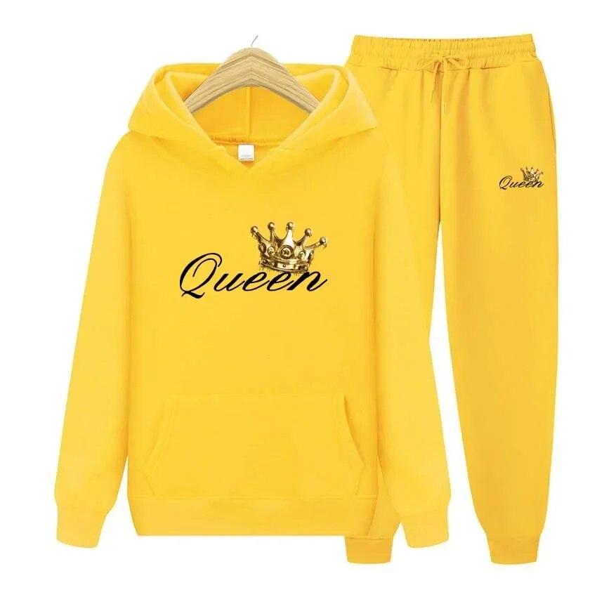 Queen Printing Autumn Winter Hoodies+Pants Two Piece Set  Womens Hoodies Tracksuits Jogger Pants thick Warm Clothes