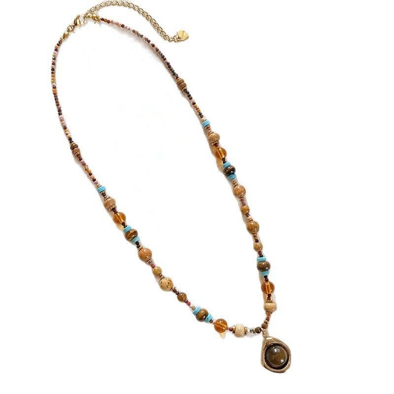 Titanium Steel Natural Stone Glass Bead Tiger Eye Stone Irregular Pendant Necklace Collar Chain