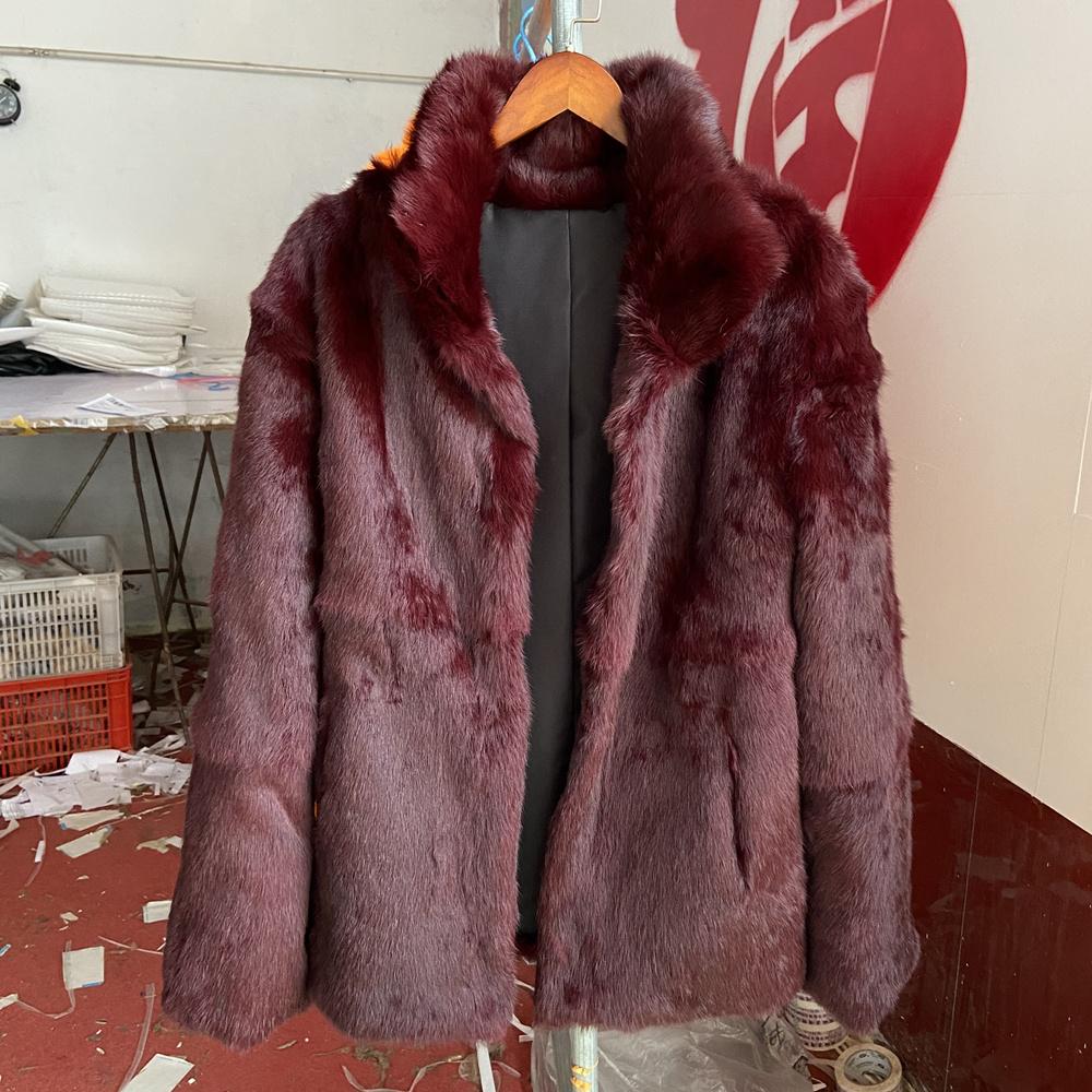 Real Rabbit Fur Coat Long Woman Winter Fashion Stand Collar Plus Size Luxury Warm Outwear Waisted Real Fur