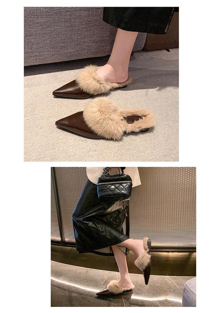 2024 Autumn Women's Closed-Toe Pointed Mules: Comfortable, Flat Heel, Non-Slip Fluffy Slippers for Outdoor Wear
