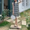 Striped Knitted Sweater Sleeveless Long Skirt Summer Vest Lazy Style Bottoming Up with Suspender Tassel Dress