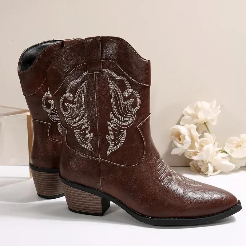 Fashion Women's Spring and Autumn New Pointed Toe Embroidered Sleeve Square Heel Mid-Tube Knight Boots Plus Size Western Short Botas