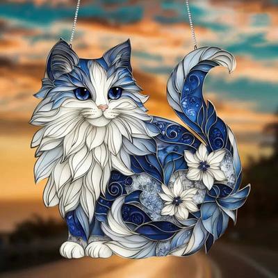 Sun Catcher Blue White Cat Decorative Light Hanging Decoration Cat Wall Art Charm Indoor Outdoor Garden Decor