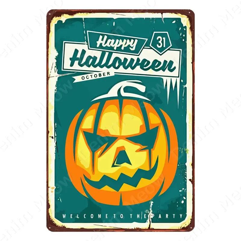 Halloween Party Vintage Metal Tin Sign Trick or Treat Home Bedroom Club Wall Decor Pumpkin Monster Poster Door Decorati