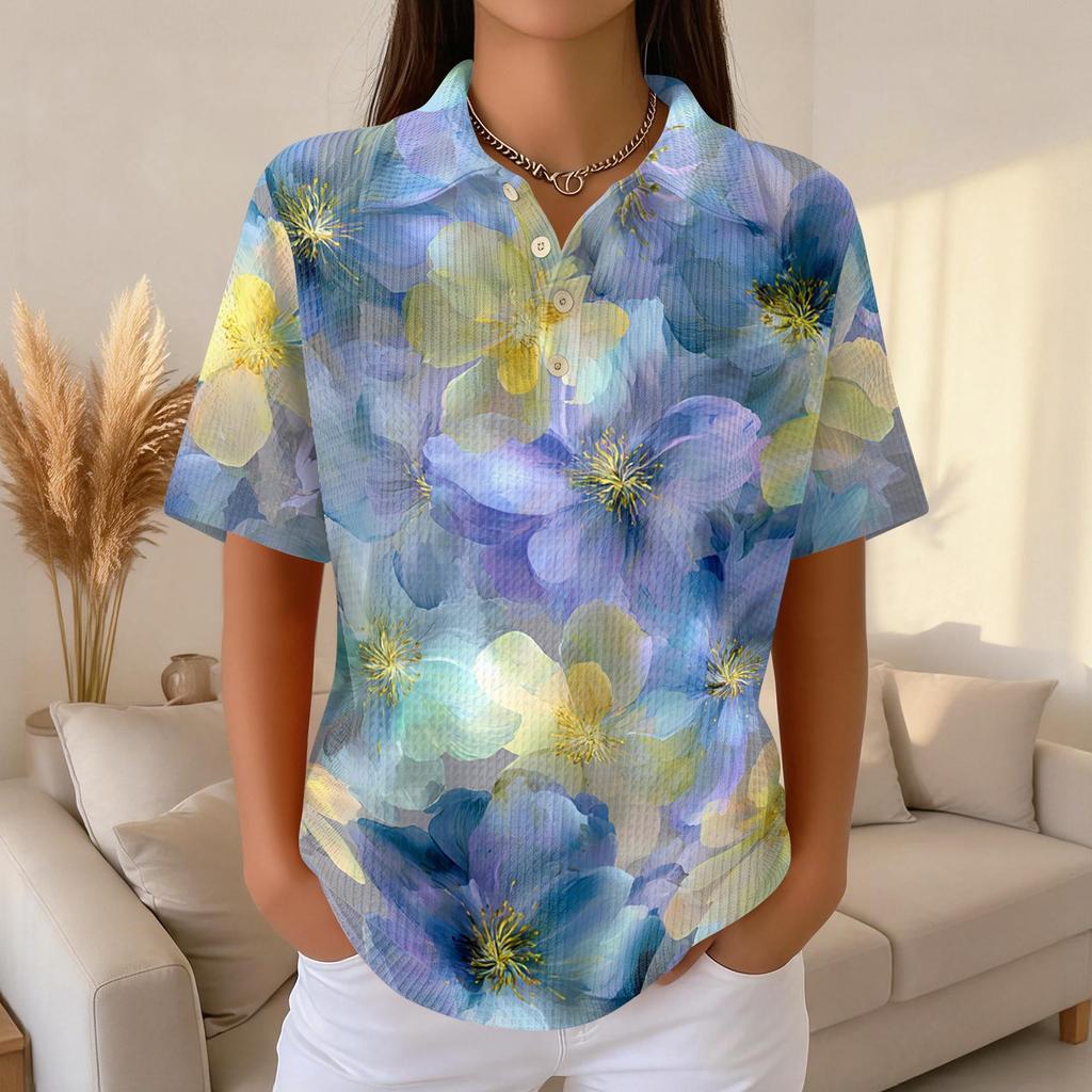 Women's Casual Short Sleeve Floral Print Waffle Knit Polo Shirt Relaxed Fit Button Down Collar Top for Everyday Wear