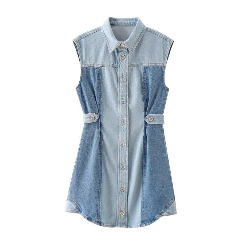 Fashion Style 2024 Summer New Arrival Women's Lapel Sleeveless Waist Mini Patchwork Denim Dress 5862085