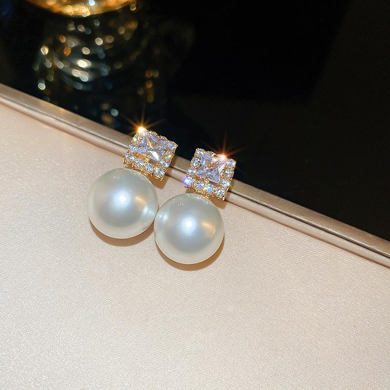 Wind zircon round square water drop imitation pearl silver needle earrings French earrings