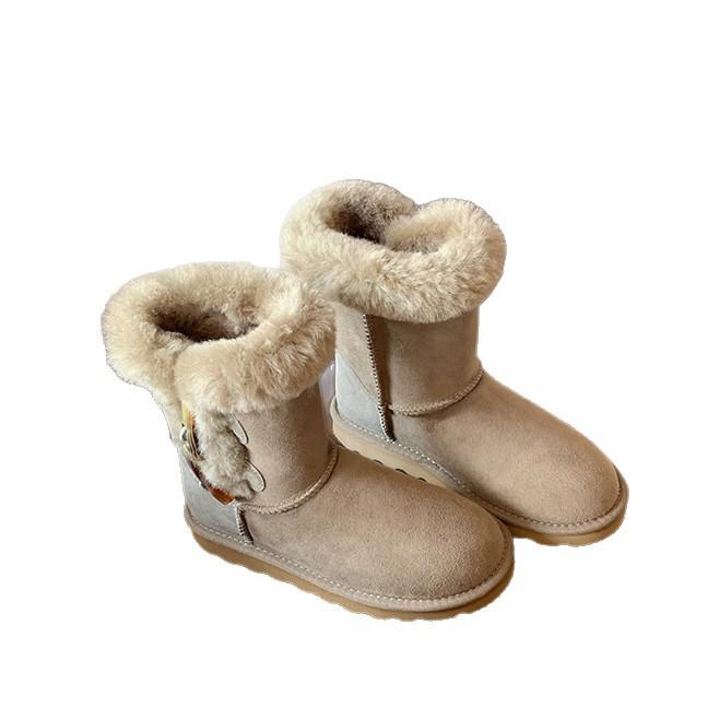 Snow boots women's 2025 new winter fur integrated horn buckle short boots children's cotton shoes non-slip warm thickened