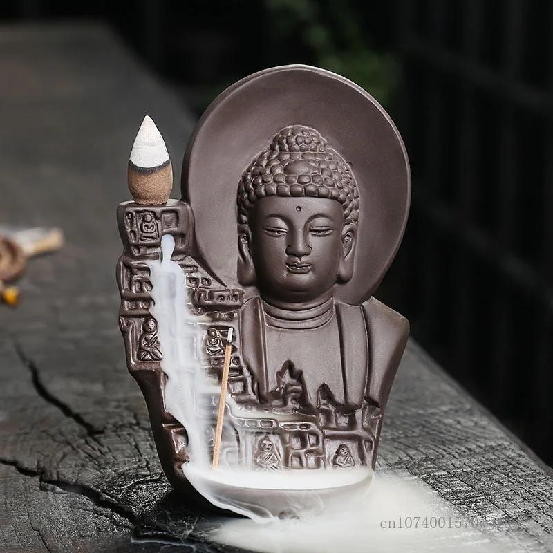Chinese Style Backflow Incense Burner, Sculpture Purple Sand, Aromatherapy Furnace, Home Decor, Tibetan Buddha, Bodhisattva, 1Pc