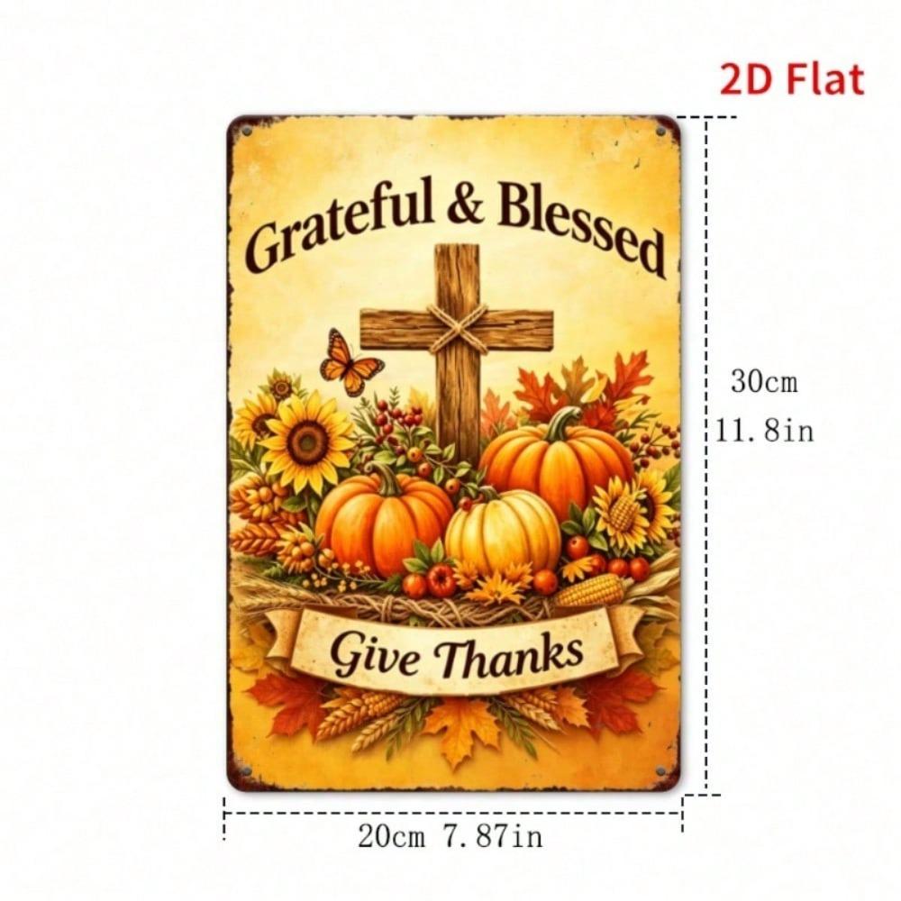 1pc Thanksgiving Metal Sign Autumn Pumpkin Cross Wall Decor Iron Plate 11.81x7.87in