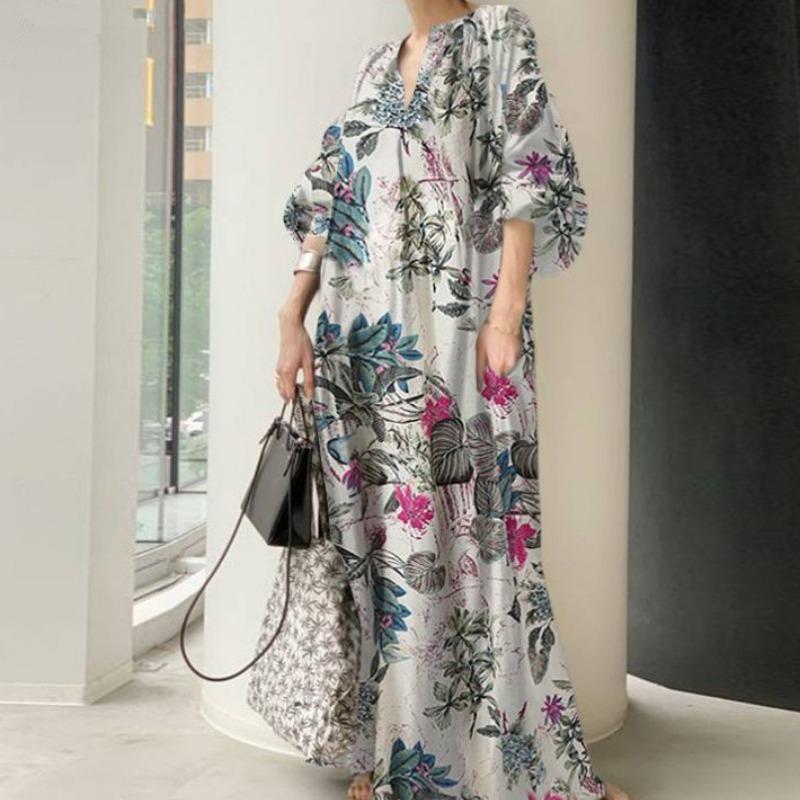 

Хлопковое и льняное летнее платье больших размеров с принтом, женское повседневное свободное платье с v-образным вырезом, женское простое винтажное элегантное платье с цветочным принтом 24363 L красный